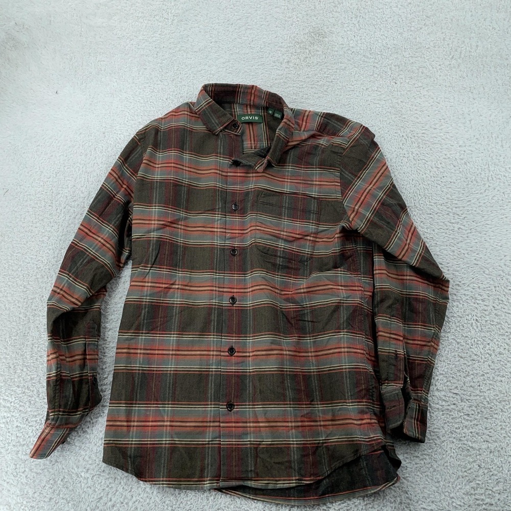 Orvis Herringbone Plaid Shirt Mens Medium Wool Cotton Blend‎ Brown Long Sleeve